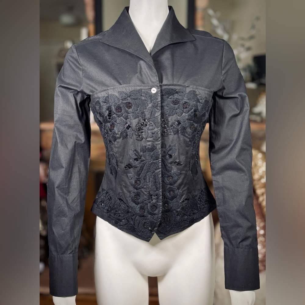 Naracamicie Black Stretch Cotton Embroidered Corset Button Down Blouse, Sz S